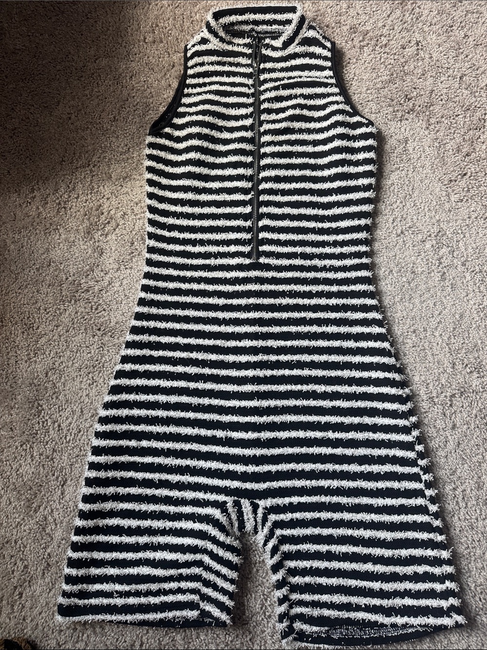 Striped Black & White Fuzzy Women Romper